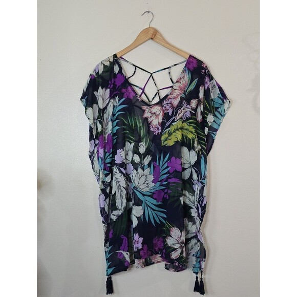 KONA SOL Swim Coverup Top Womens Size Small Black Floral V-Neck Tassels - Picture 1 of 10